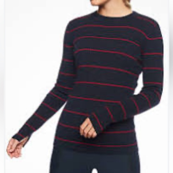 Athleta Sweaters - Athleta Bayside Sweater, women’s navy blue striped ribbed merino wool pullover L